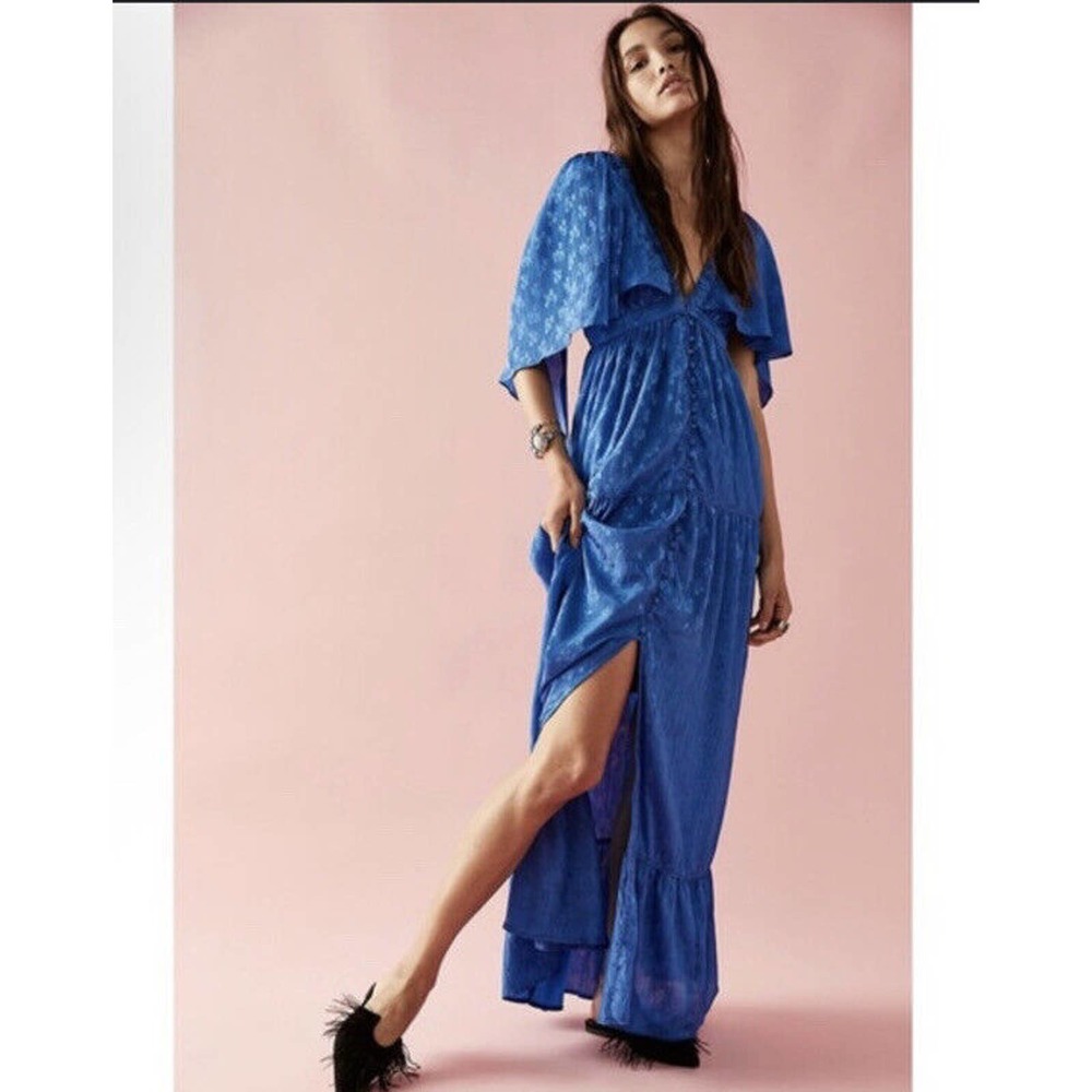 Free People Cha Cha Maxi Dress Size Medium Flutter Sleeve Maxi Blue